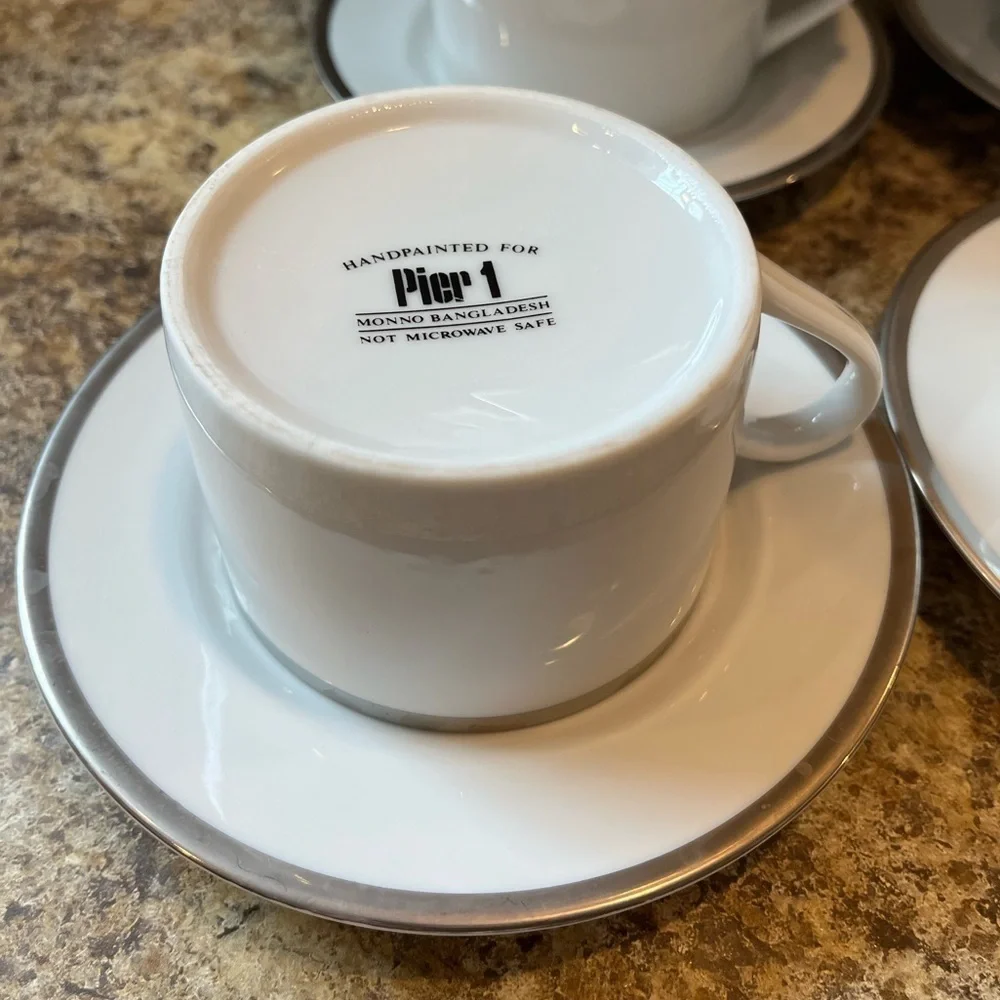 Pier 1 Monno Bangladesh Elegant White and Silver Tea Cups and Saucers Set of 4